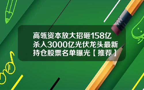 高瓴资本放大招砸158亿杀入3000亿光伏龙头最新持仓股票名单曝光【推荐】